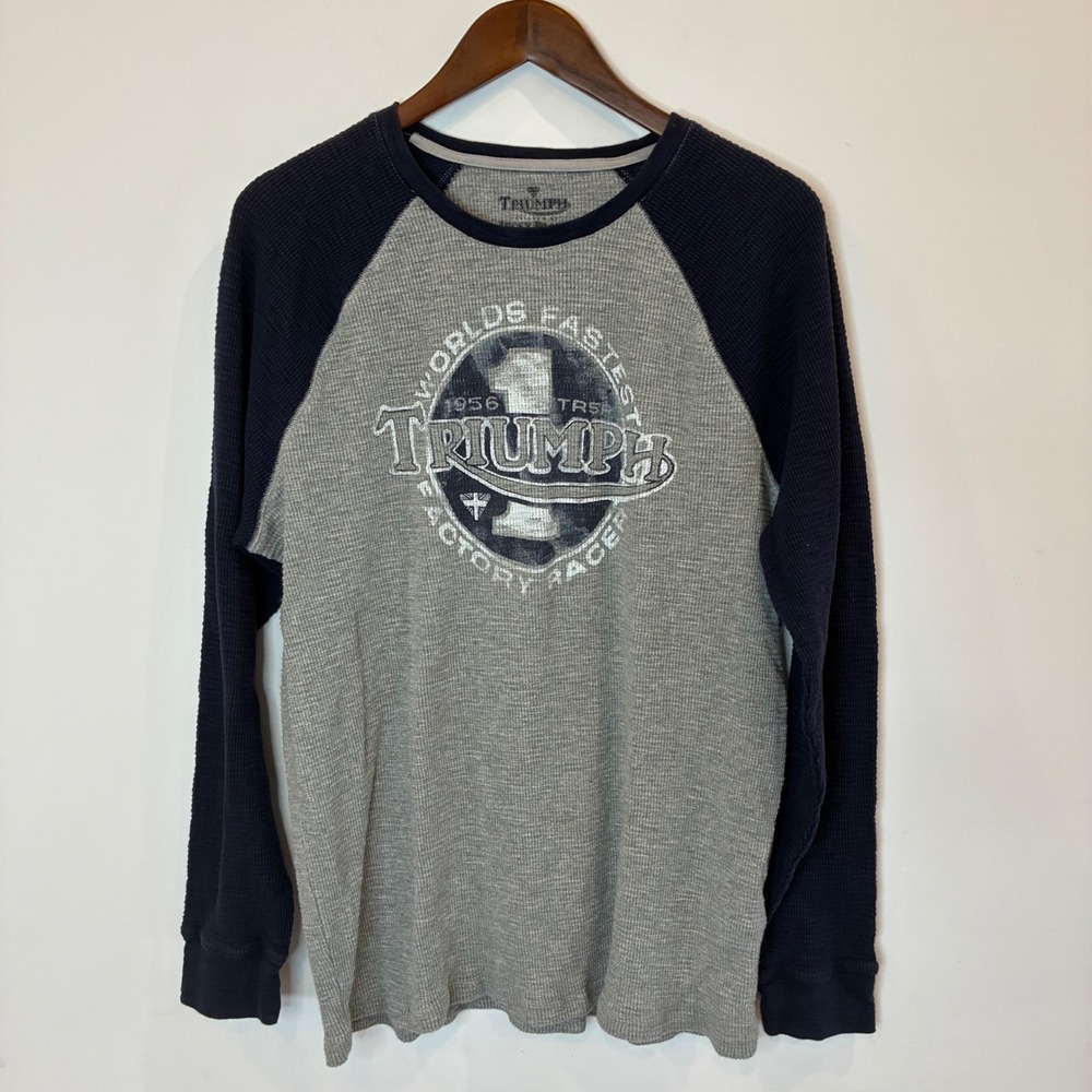 Lucky Brand Triumph Motorcycles Thermal Raglan Shirt XL Grey Navy Waffle Knit